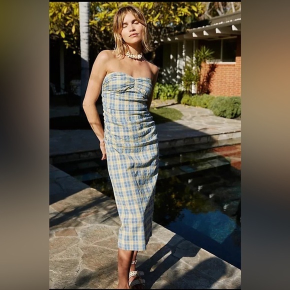 Free People Brandie Plaid Midi Ruched Tube Midi Dress - Picture 1 of 5